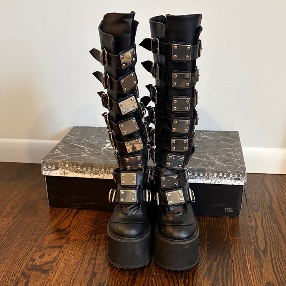 Demonia Black Platform Buckle Boots Size 8 - Picture 3 of 9